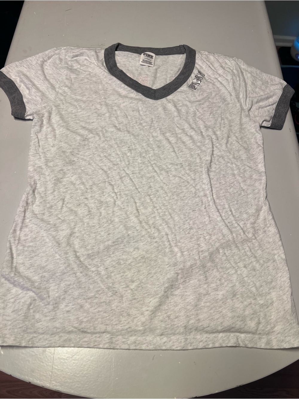 PINK Victoria's Secret Heather Gray V-Neck Ringer Tee with Dark Trim